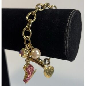Charm Bracelet Pink Sparkly Pearl Rhinestone Signed Betsey Johnson Ice Skating